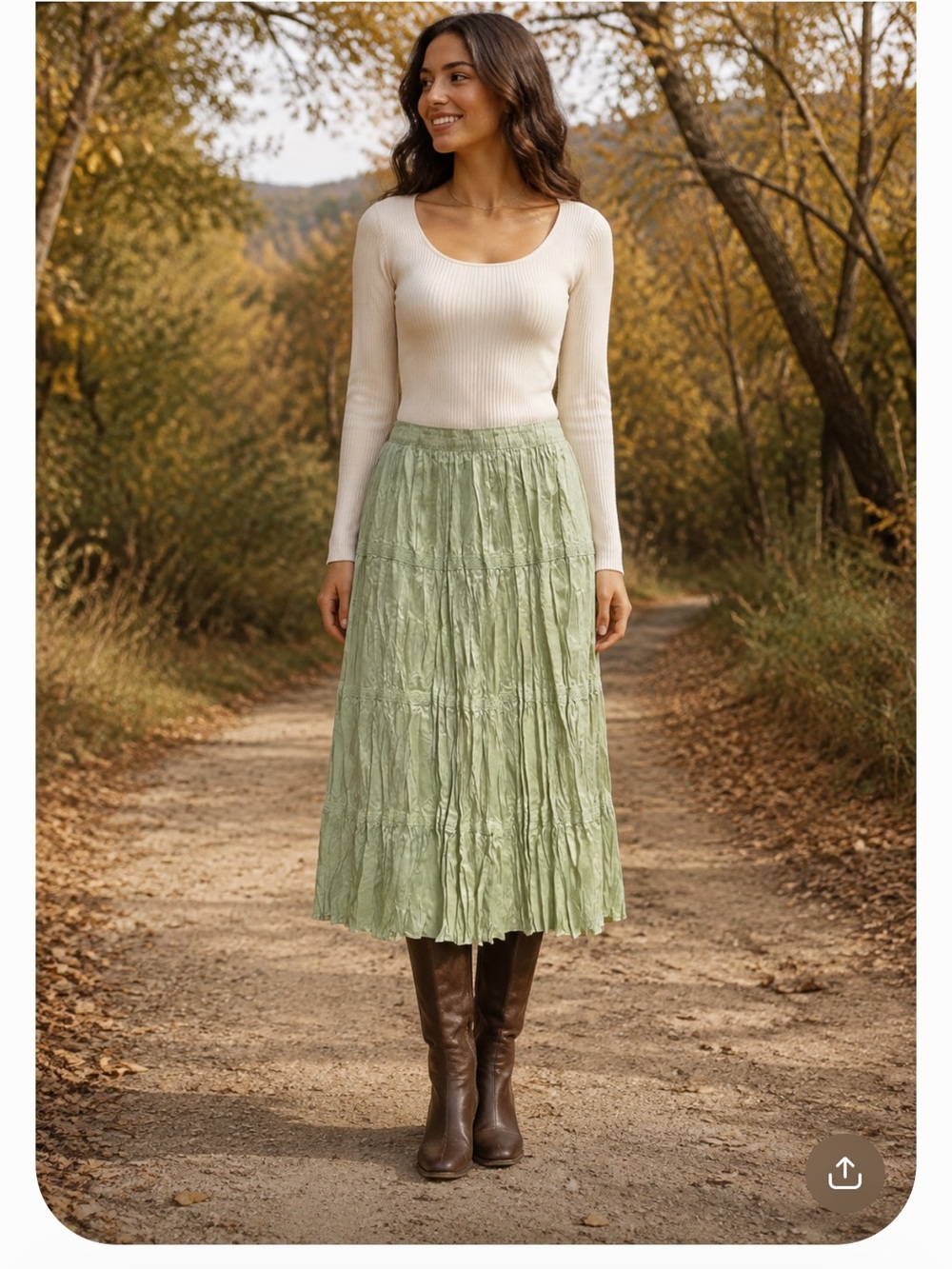 Garnet Hill Crinkled Silk boho Midi Skirt in Mint green cottage core